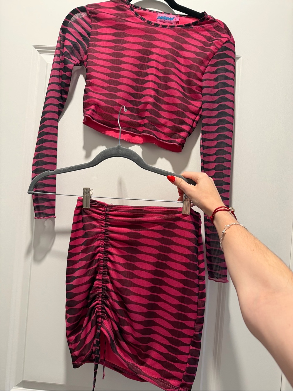 Edikted Women’s Pink and Black Ruched Skirt & Crop Top Set